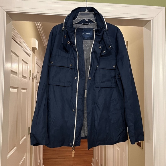 NWOT Men's Cole Haan Military Oxford Jacket w/ Hidden Hood Navy Blue Size MEDIUM - Picture 1 of 11